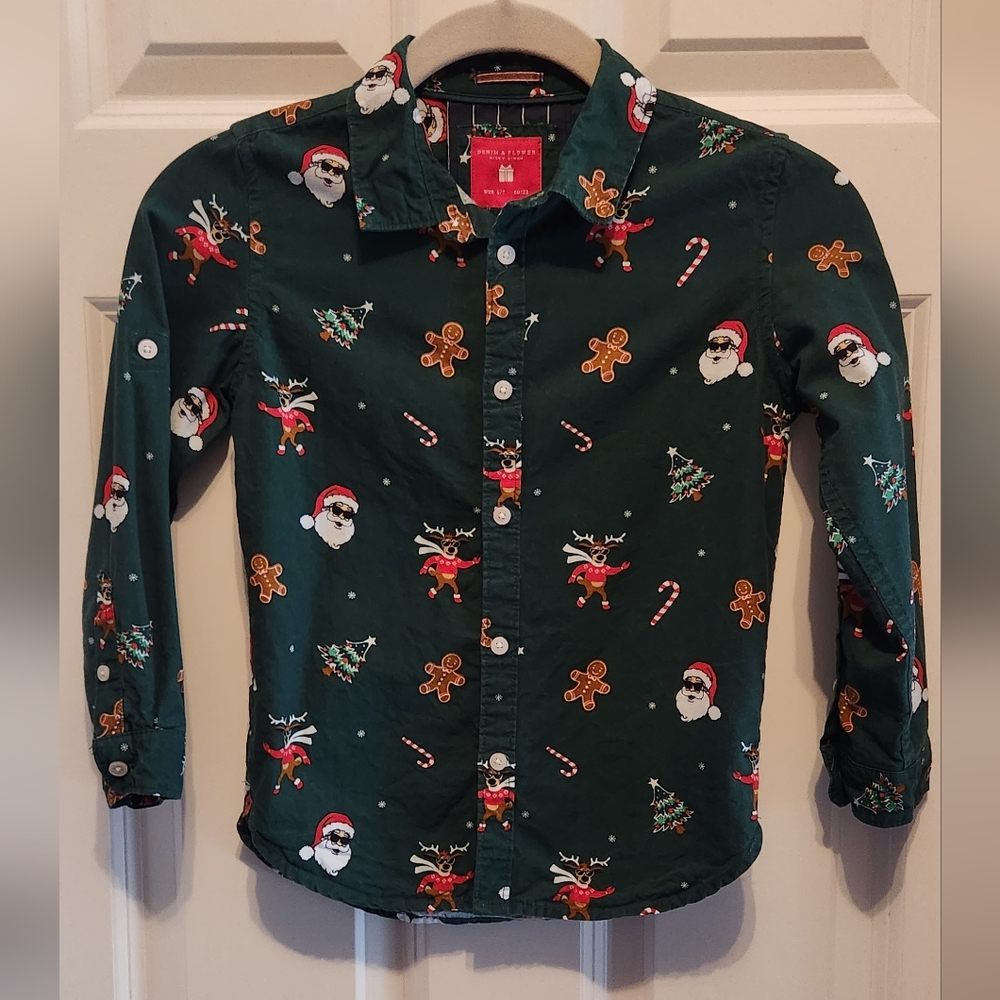 Festive Green Kids Shirt with Christmas Holiday Print Boys Small